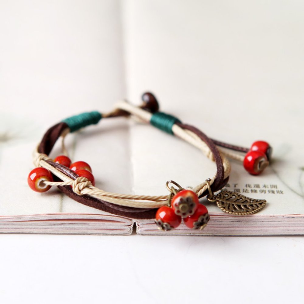 Ceramic Bead Charm Leaf Bracelet BOHO Bolo - Picture 3 of 5